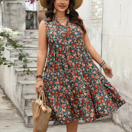 Plus Size Floral Notched Sleeveless Dress - Image 3
