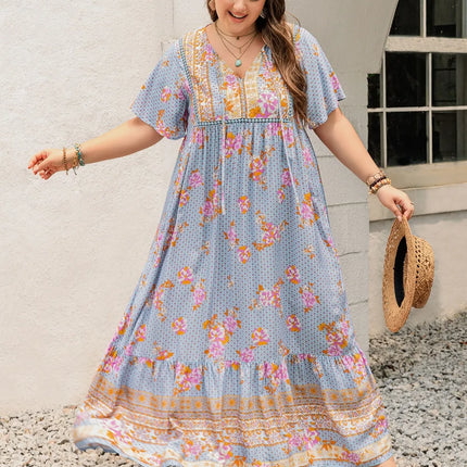 Plus Size Printed Tie Neck Flutter Sleeve Maxi Dress - Image 1