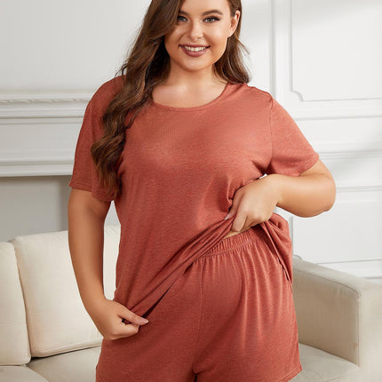 Plus Size Round Neck Short Sleeve Two-Piece Loungewear Set - Image 1