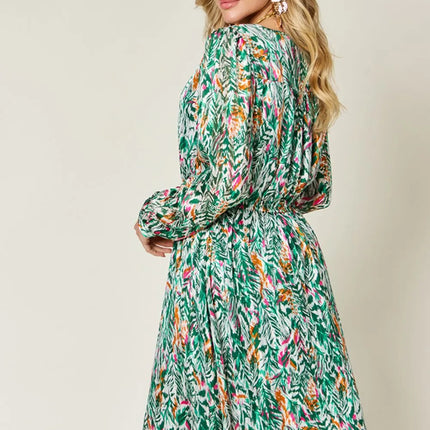 Double Take Full Size Printed Drawstring Waist Long Sleeve Dress - Image 3