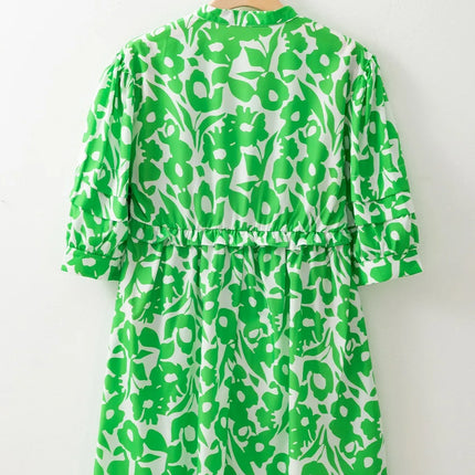 Printed Puff Half Sleeve V Neck Babydoll Dress - Image 6