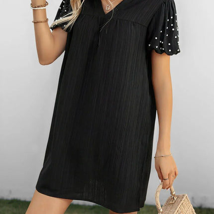 Textured V-Neck Short Sleeve Mini Dress - Image 4