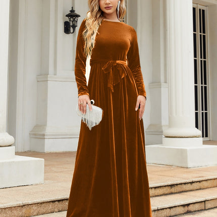 Tie Front Round Neck Long Sleeve Maxi Dress - Image 5