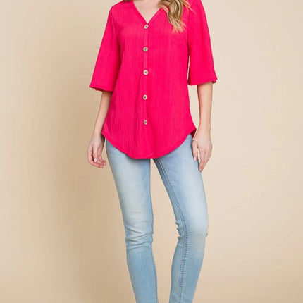BOMBOM Texture Decorative Button V-Neck Top - Image 4
