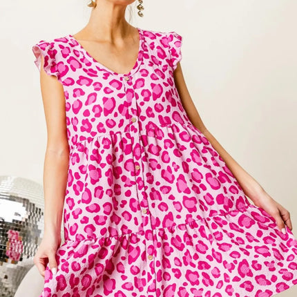 BiBi Leopard Cap Sleeve Tiered Mini Dress - Image 1