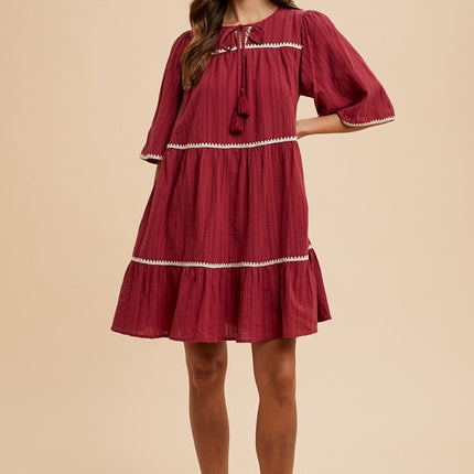 Annie Wear Tassel Contrast Trim Tie Neck Half Sleeve Tiered Dress - Image 5