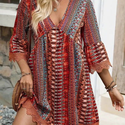 Lace Trim Printed V-Neck 3/4 Sleeve Dress - Image 5