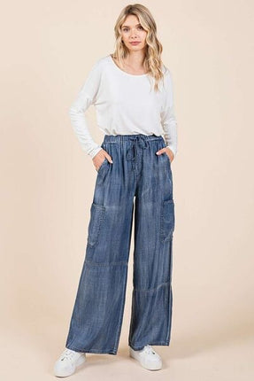 Mittoshop Washed Elastic Waist Cargo Wide Leg Pants - Image 4