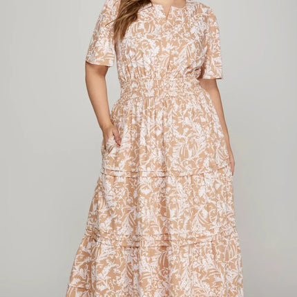 She + Sky Printed Notched Woven Tiered Pintuck Maxi Dress with Side Pockets - Image 3