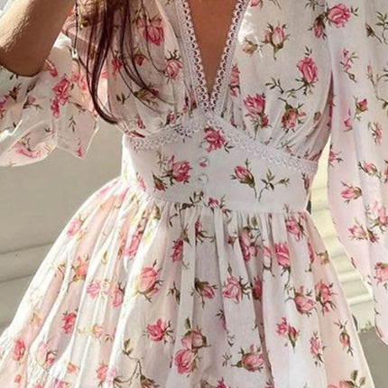 Lace Detail V-Neck Balloon Sleeve Dress - Image 2