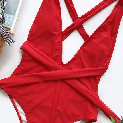 Halter Neck Deep V Tied One-Piece Swimsuit - Image 6