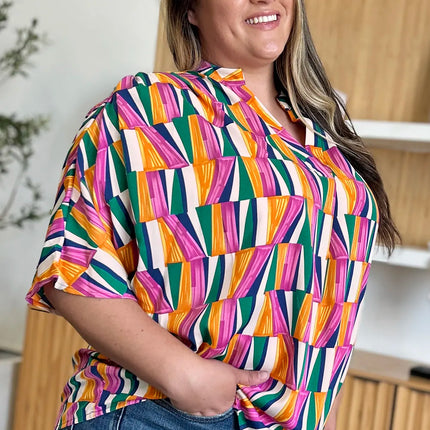 Double Take Full Size Geometric Notched Dolman Sleeve Top - Image 13