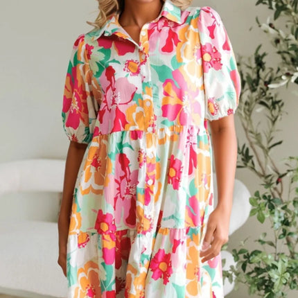 Button Down Floral Puff Sleeve Babydoll Dress - Image 1