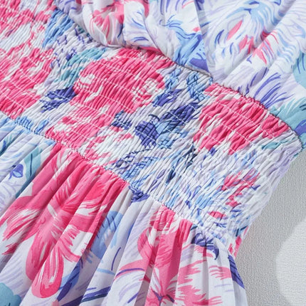 Floral Spaghetti Strap Surplice Neck Shirred Waist Mini Dress - Image 10