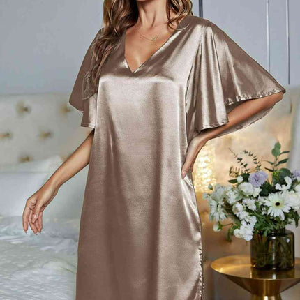 Satin Flutter Sleeve Side Slit V-Neck Night Dress - Image 12