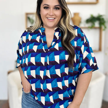 Double Take Full Size Geometric Notched Half Sleeve Blouse - Image 6