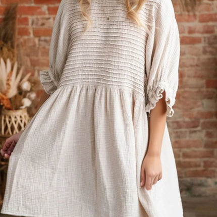 Textured Ruffled Puff Sleeve Loose Dress - Image 1