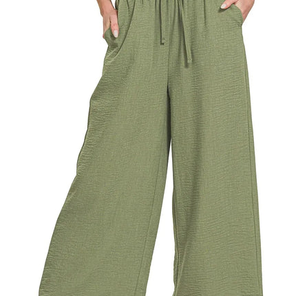 Zenana Woven Crepe Elastic Band Waist Cropped Pants - Image 2