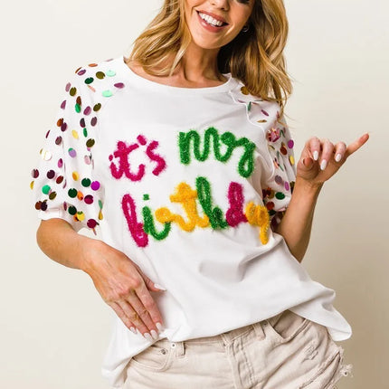 BiBi Metallic Letter Spangle Raglan Puff Sleeve Top - Image 9