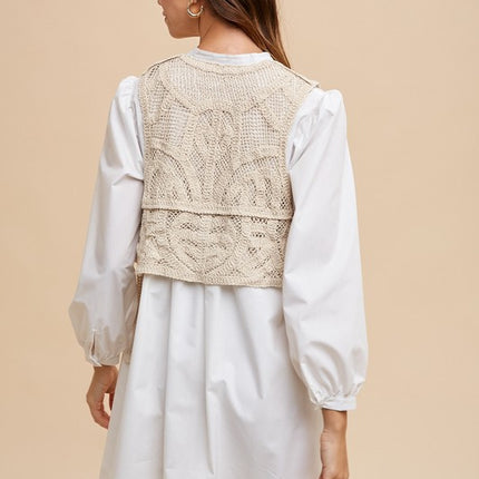 Annie Wear Crochet Vest Notched Long Sleeve Shirt Dress - Image 2