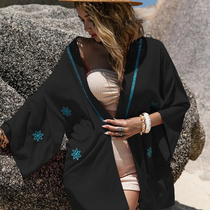 Embroidered Open Front Long Sleeve Cover Up - Image 3