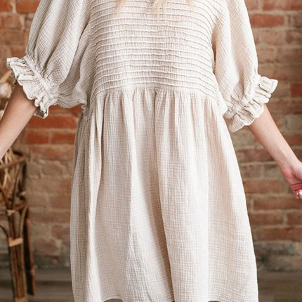 Textured Ruffled Puff Sleeve Loose Dress - Image 6