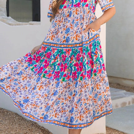 Mixed Floral Print Tie Neck Short Sleeve Dress - Image 4