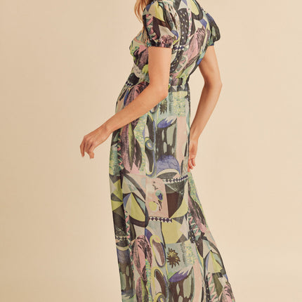 Aemi + Co Lace Detail Slit Geometric Print Short Sleeve Maxi Dress - Image 6