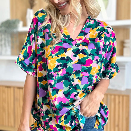 Double Take Full Size Printed V-Neck Short Sleeve Side Slit Top - Image 7