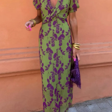 Printed Plunge Short Sleeve Midi Dress - Image 3