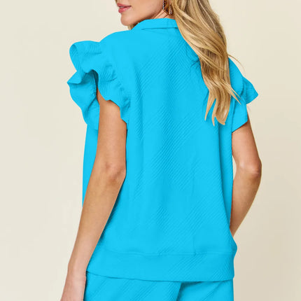 Double Take Full Size Texture Flounce Sleeve Top and Drawstring Shorts Set - Image 15