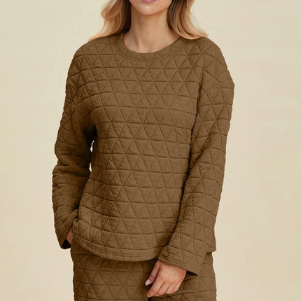 Double Take Full Size Texture Round Neck Long Sleeve Top and Shorts Set - Image 13