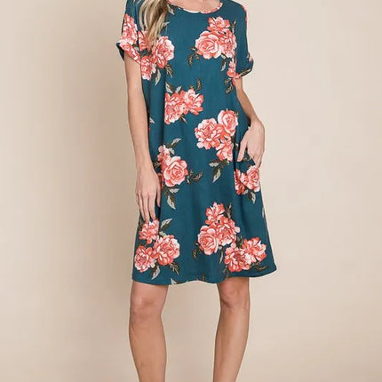 BOMBOM Floral Round Neck Short Tee Dress with Pockets - Image 4