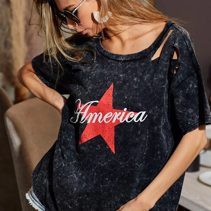 BiBi Laser Cut Mineral Washed Jersey Top with  America - Image 2