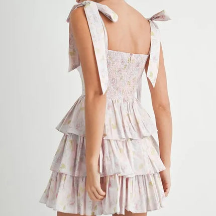 MABLE Floral Print Shoulder Tie Layered Mini Dress - Image 4