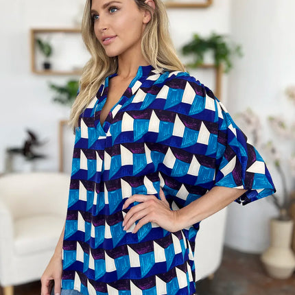 Double Take Full Size Geometric Notched Half Sleeve Blouse - Image 14