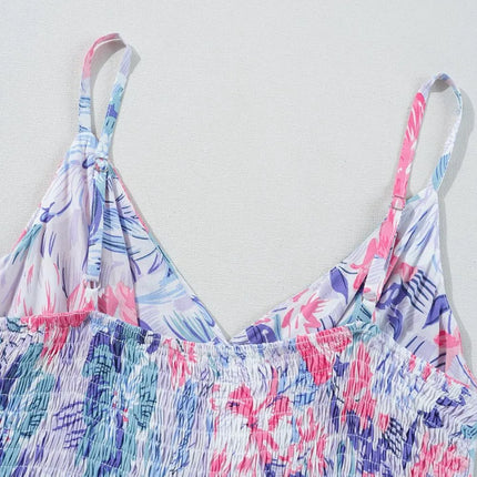 Floral Spaghetti Strap Surplice Neck Shirred Waist Mini Dress - Image 9