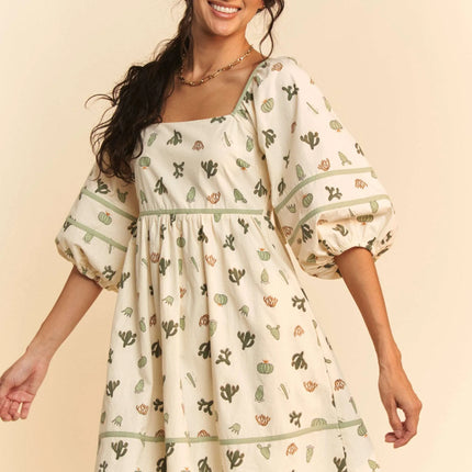 Davi & Dani Cactus Printed Poplin Contrast Piping Mini Dress - Image 4