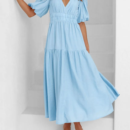 V-Neck Puff Sleeve Midi Dress - Image 1