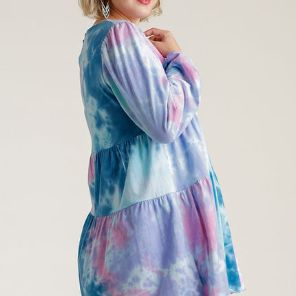 Umgee Full Size Tie Dye Round Neck Long Sleeve Babydoll Tiered Dress Plus Size - Image 4