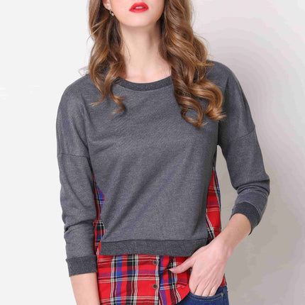 Full Size Plaid Patch Drop Shoulder Round Neck Top - Image 4