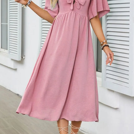 Smocked Tie Front Flutter Sleeve Midi Dress - Image 1