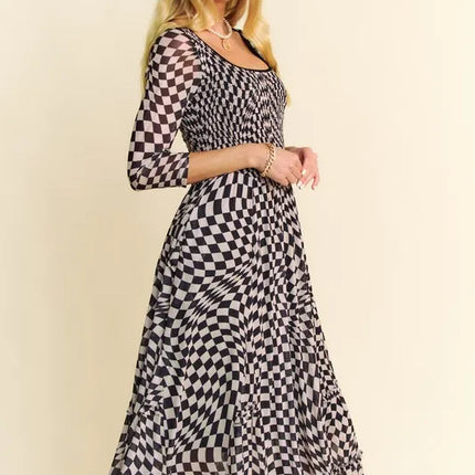 Davi & Dani Printed Checker Mesh Flowy Maxi Dress - Image 10