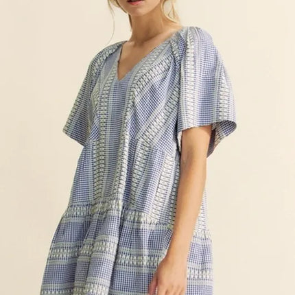 Davi & Dani Embroidered Stripe Ruffled Gingham Mini Dress - Image 1