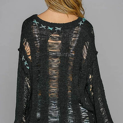POL Distressed Dropped Shoulder Long Sleeve Knit Top - Image 2