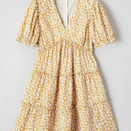 Floral Short Sleeve Surplice Frilly Tiered Mini Dress - Image 6