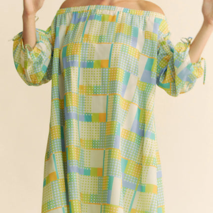 Davi & Dani Printed Off Shoulder Drawstring Sleeve Mini Dress - Image 3