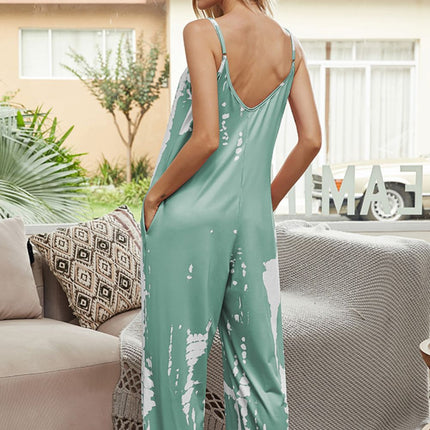 Shiny Tie-Dye Spaghetti Strap Jumpsuit with Pockets - Image 9