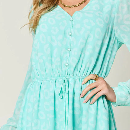 Double Take Full Size Printed Ruched V-Neck Long Sleeve Dress - Image 4