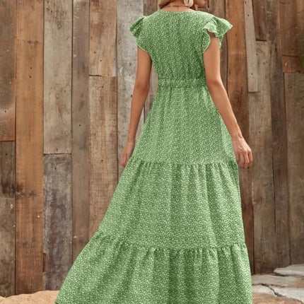 Printed V-Neck Ruffled Cap Sleeve Maxi Dress - Image 16